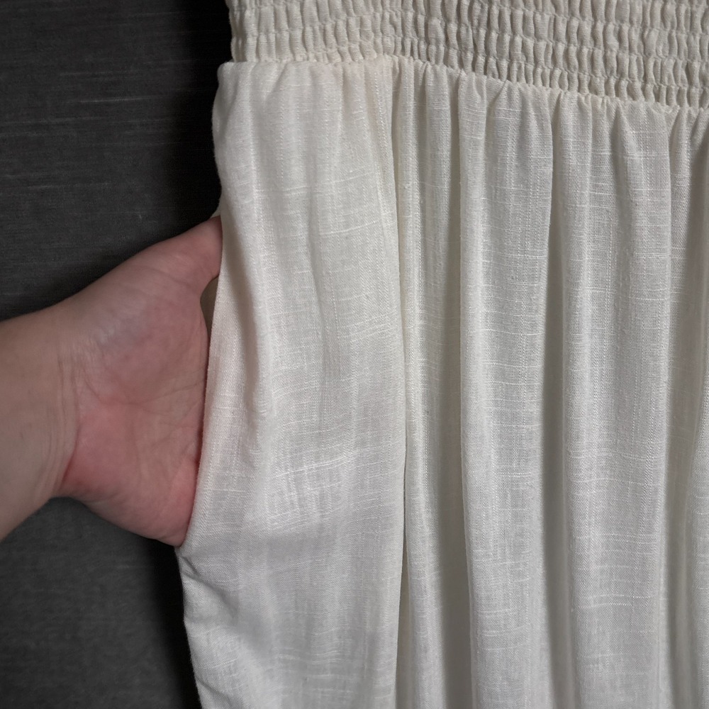 Chelsea 28 Dress L Cream Linen Blend Smocked Tiered Maxi Boho Minimalist Beach - Picture 6 of 12